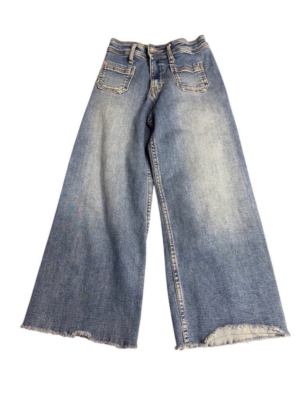 Zara Wide Leg Cropped Jeans Girl's Size 9 Light Wash Raw Hem High Rise Denim